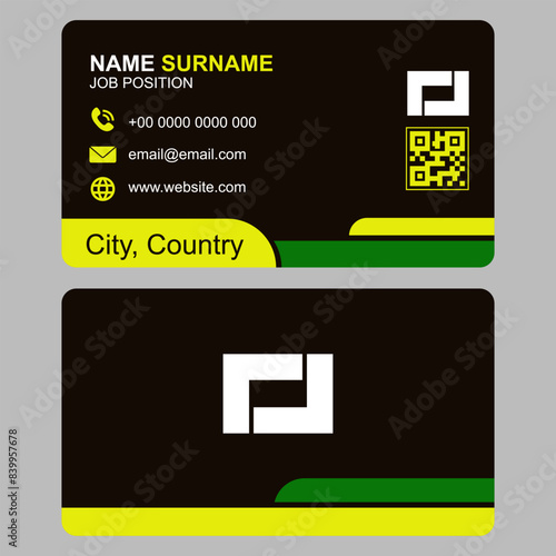 black business card with yellow and green abstract design