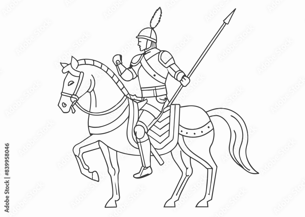 Continuous one line drawing of roman knight ridding horse with spear. Gladiator riding horse and holding spear single outline vector illustration Continuous one line drawing of roman knight ridding horse with spear. Gladiator riding horse and holding spear single outline vector illustration