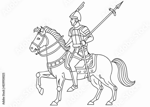 Continuous one line drawing of roman knight ridding horse with spear. Gladiator riding horse and holding spear single outline vector illustration
