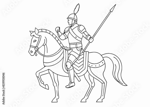 Continuous one line drawing of roman knight ridding horse with spear. Gladiator riding horse and holding spear single outline vector illustration