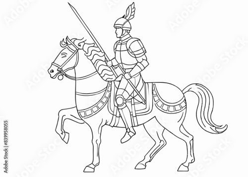 Continuous one line drawing of roman knight ridding horse with spear. Gladiator riding horse and holding spear single outline vector illustration