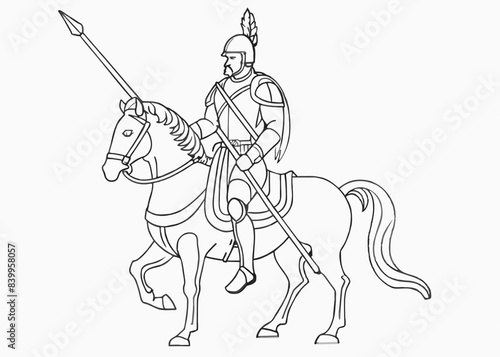 Continuous one line drawing of roman knight ridding horse with spear. Gladiator riding horse and holding spear single outline vector illustration