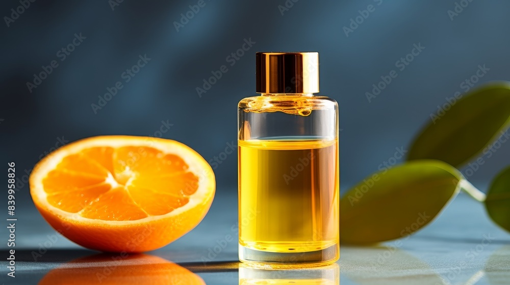 A bottle of perfume is next to an orange A bottle of perfume is next to an orange