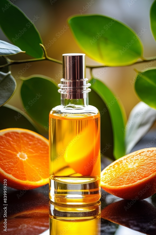 A bottle of perfume is next to an orange A bottle of perfume is next to an orange