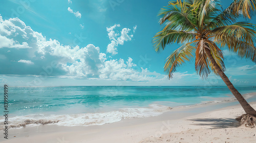Beautiful tropical beach with white sand  palm trees  turquoise ocean against blue sky with clouds on sunny summer day. Perfect landscape background for relaxing vacation