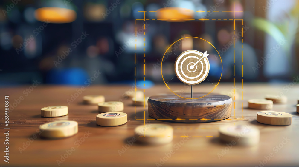 A target icon with an arrow, surrounded by wooden discs, representing a business goal. A target icon with an arrow, surrounded by wooden discs, representing a business goal.