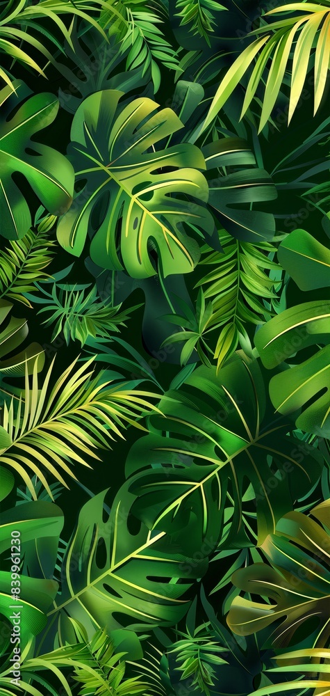 Vibrant tropical jungle foliage background featuring lush green leaves ...