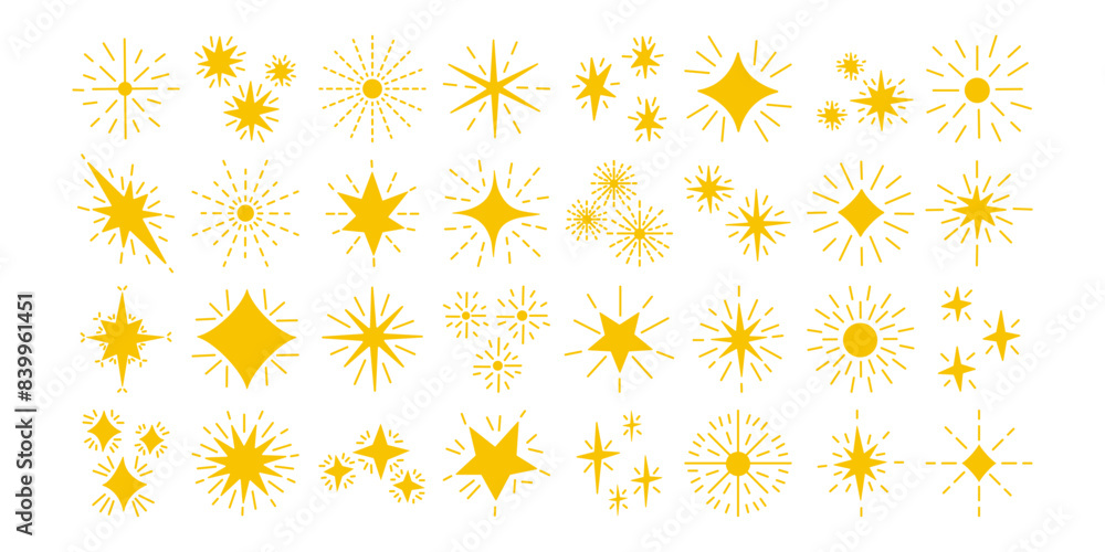 Set yellow, gold, orange star sparkles symbols. Set yellow, gold, orange star sparkles symbols.