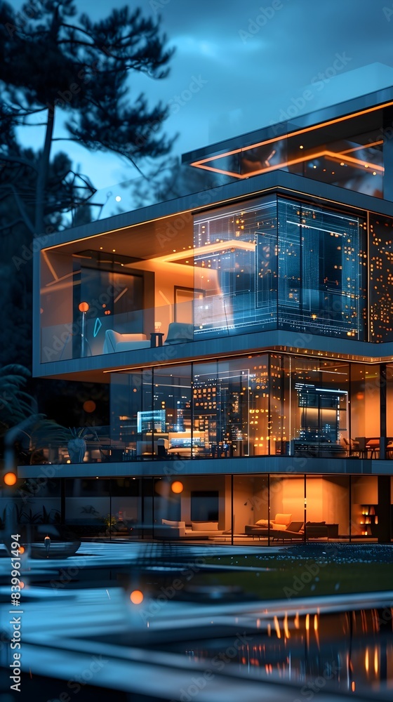 Obraz premium Futuristic Smart Home with Holographic Interfaces and Advanced Automation in Nature Landscape