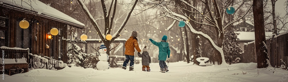 Family enjoying a snow day, building a snowman and having a snowball fight Family enjoying a snow day, building a snowman and having a snowball fight