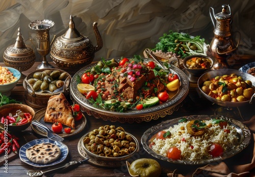 Middle Eastern cuisine features traditional Arabic dishes, especially popular during Ramadan. Captured with hyperrealistic food photography. photo