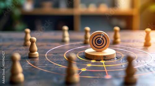 Wooden target surrounded by chess pieces on a wooden board with colorful lines.  Concept of business strategy and goals. photo