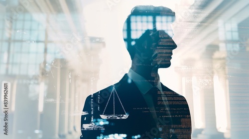 Double Exposure of Lawyer in Suit with Courtroom and Legal Documents