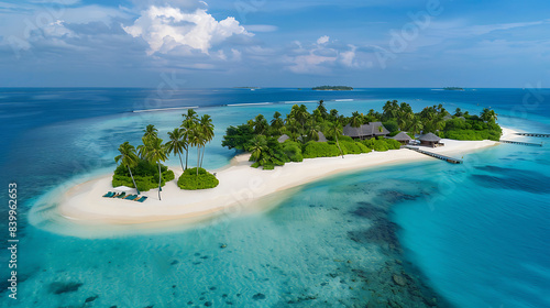 An aerial photograph of a beautiful tropical island, maldives beach, beatiful beach, palm trees, turquios water, no waves, calm water. Generative AI illustration  photo