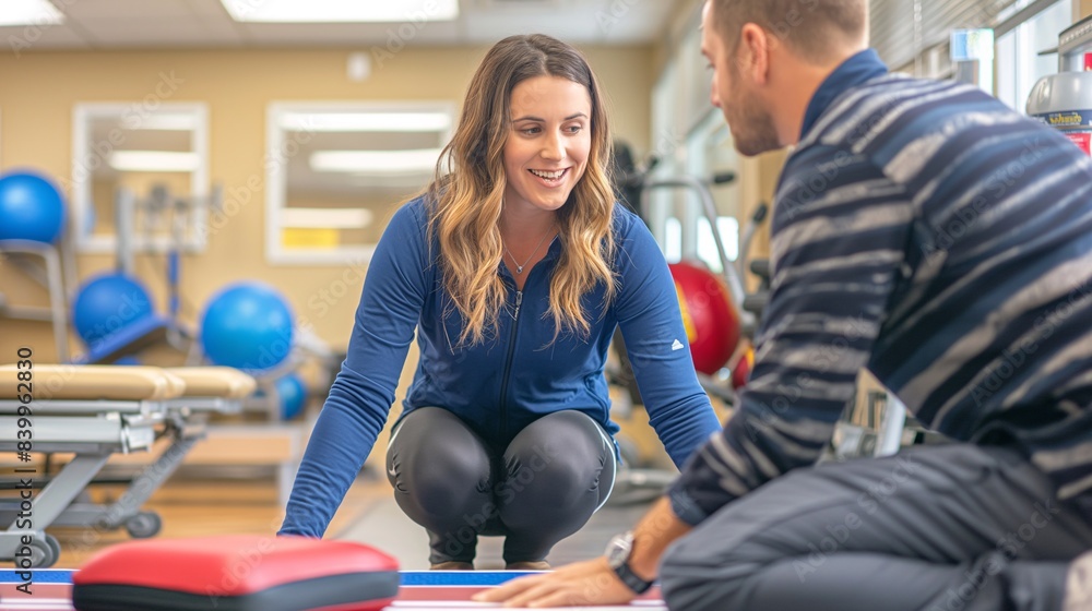 Physical Therapist Assisting Patient with Exercises in Rehab Center Physical Therapist Assisting Patient with Exercises in Rehab Center