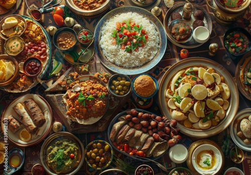 Middle Eastern cuisine features traditional Arabic dishes, especially popular during Ramadan. Captured with hyperrealistic food photography.