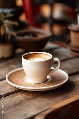 A white coffee cup with a white saucer sits on a wooden table. The cup is filled with coffee and has a small amount of foam on top. The scene is set in a natural environment, with trees