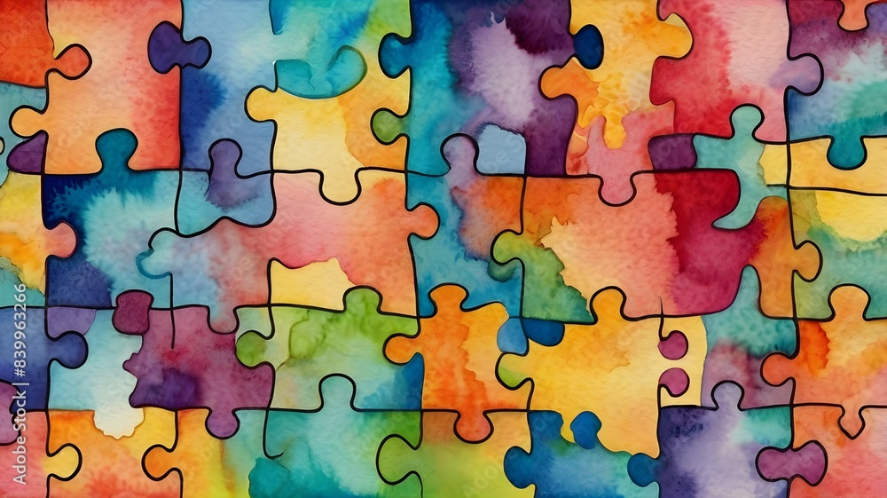 Interlocking puzzle pieces with a watercolor texture, symbolizing connection and diversity in a colorful, abstract design. Interlocking puzzle pieces with a watercolor texture, symbolizing connection and diversity in a colorful, abstract design.