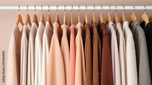 A closet full of clothes with a white shirt hanging in the middle. The clothes are all different colors and styles © Media Srock