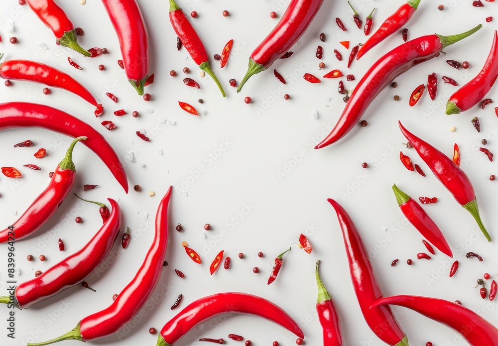 Close-up of a red chili pepper and its slices on a white background, representing raw food ingredients. Close-up of a red chili pepper and its slices on a white background, representing raw food ingredients.