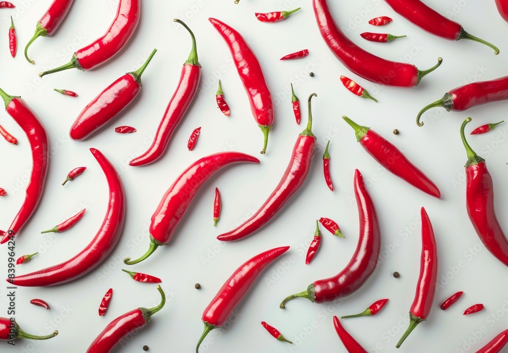 Close-up of a red chili pepper and its slices on a white background, representing raw food ingredients. Close-up of a red chili pepper and its slices on a white background, representing raw food ingredients.