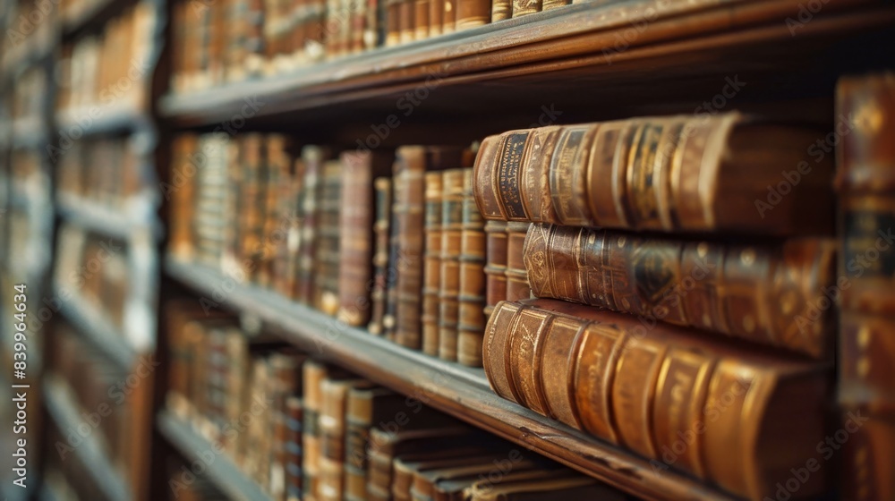 A row of bookshelves with a variety of books on them. The books are of different sizes and colors, and they are arranged in a neat and orderly manner A row of bookshelves with a variety of books on them. The books are of different sizes and colors, and they are arranged in a neat and orderly manner