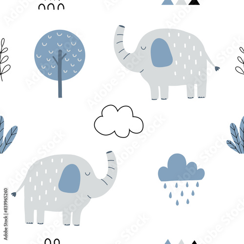 Seamless pattern with elephant, tree,cloud and rain for your fabric, children textile, apparel, nursery decoration, gift wrap paper, baby's shirt.