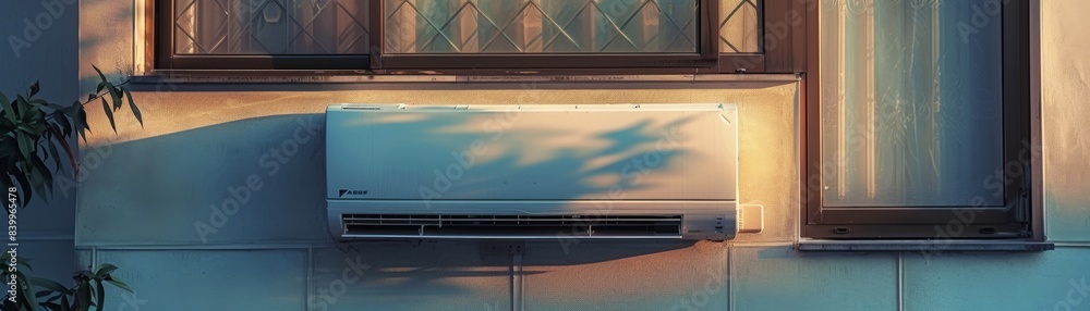 A white air conditioner is mounted on the wall in a living room. The room is bright and sunny, with a large window letting in natural light A white air conditioner is mounted on the wall in a living room. The room is bright and sunny, with a large window letting in natural light