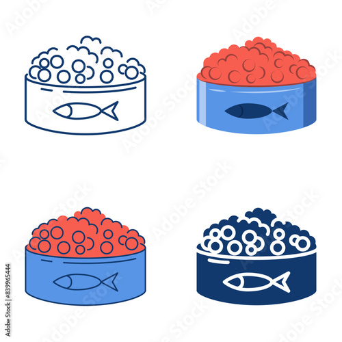 Canned red caviar icon set in flat and line style. Salmon caviar in a tin can. Vector illustration.