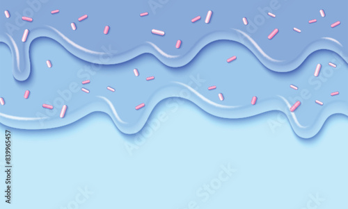 Blue pastel candy or ice cream drip with pink sprinkle decoration. Realistic 3d vector illustration of sweet dessert border with melted flowing frosting. Liquid icing and creamy glaze pattern.