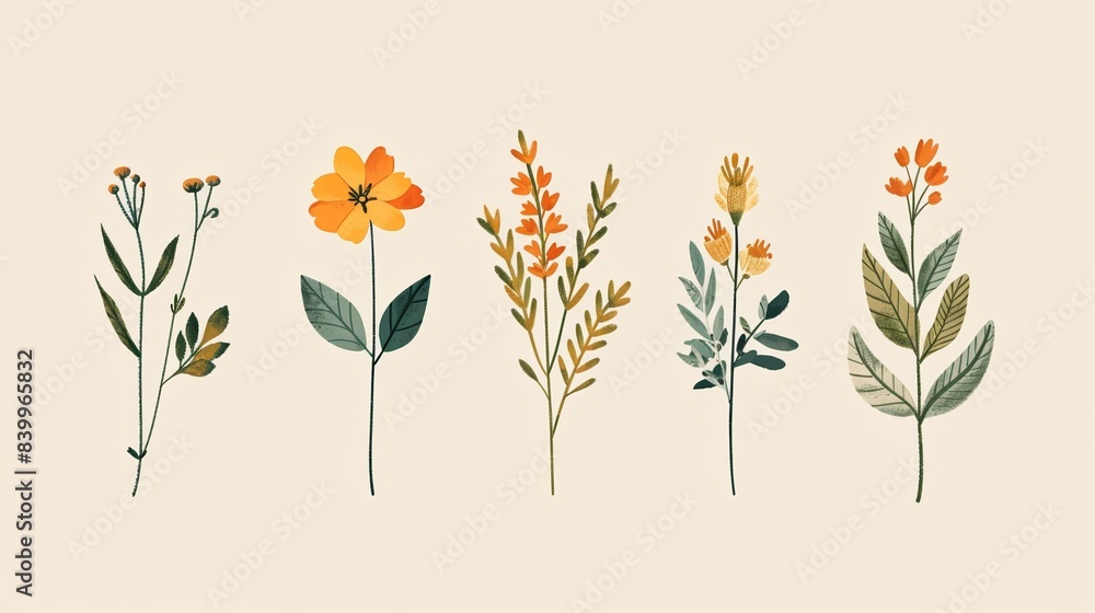 Beautiful, minimalist illustration of five different delicate wildflowers and plants with a muted color palette on a cream background.