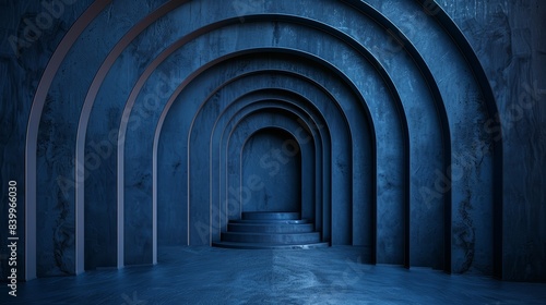 Abstract architectural background with futuristic blue arched hallways and steps  creating a mysterious and modern ambiance.