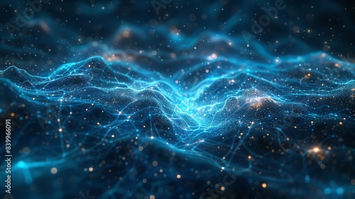 Abstract digital wave visualization with glowing blue lines and particles, representing futuristic technology and data flow concept.