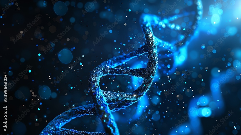 Closeup of a glowing DNA strand in a dark, abstract background, representing genetics, biotechnology, and scientific research. Closeup of a glowing DNA strand in a dark, abstract background, representing genetics, biotechnology, and scientific research.