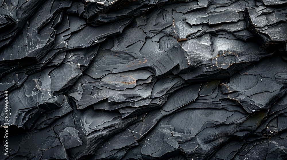 Close-up texture of dark, jagged slate rock with layered formations, showcasing nature's intricate geological details and rugged beauty. Close-up texture of dark, jagged slate rock with layered formations, showcasing nature's intricate geological details and rugged beauty.
