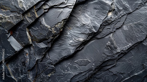 Close-up of dark slate rock texture with jagged, overlapping layers, creating a natural, rugged pattern in shades of gray and black.