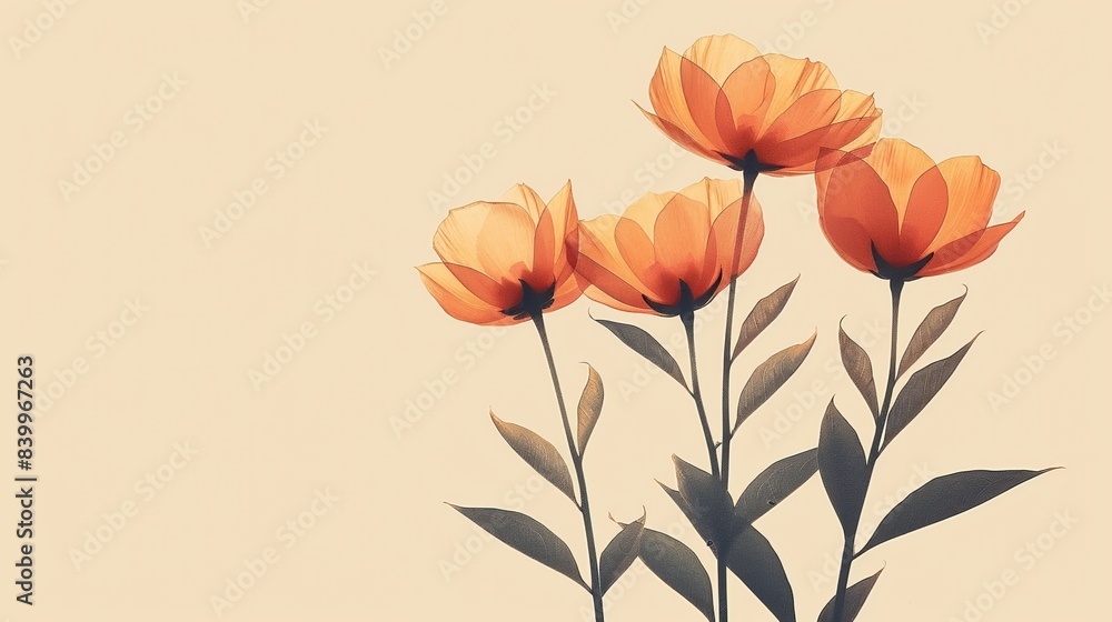 Fototapeta premium Elegant minimalistic illustration of orange flowers with green leaves on a light beige background, perfect for art prints or home decor.