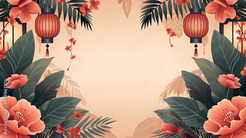 Naklejka premium Elegant Oriental floral background with lanterns, featuring lush green leaves and vibrant orange flowers, perfect for design needs.