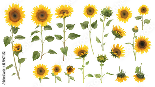 Collection set stalk of sunflower sunflowers flower floral plant with leaf leaves on transparent background
