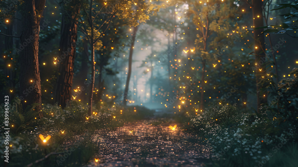 Magical forest with fireflies in cinematic style Magical forest with fireflies in cinematic style