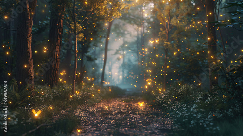Magical forest with fireflies in cinematic style