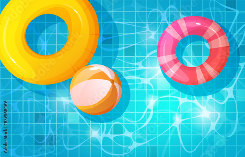Summer rest background with top view on pool with inflatable rings and ball on blue water with ripple effect. Cartoon vector illustration of bottom outdoor swimming surface with floating rubber toys.