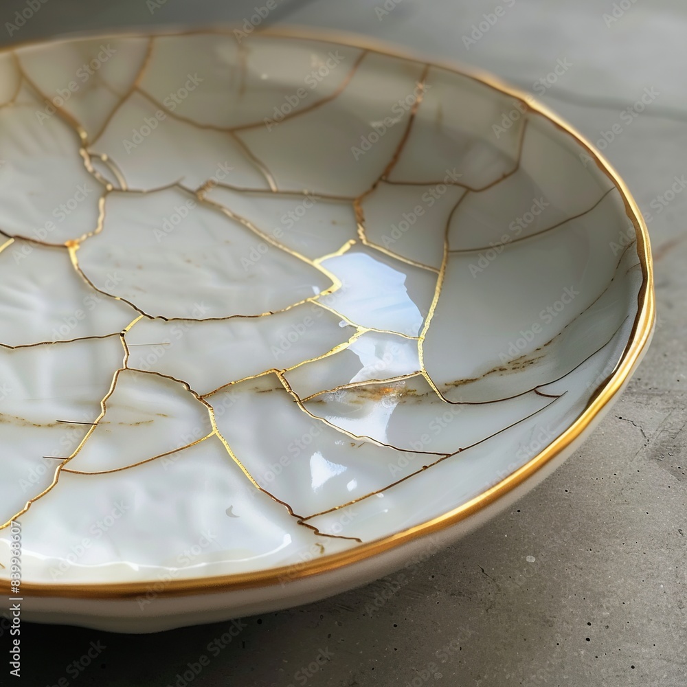 white Kintsugi plate with Golden Repaired Cracks white Kintsugi plate with Golden Repaired Cracks