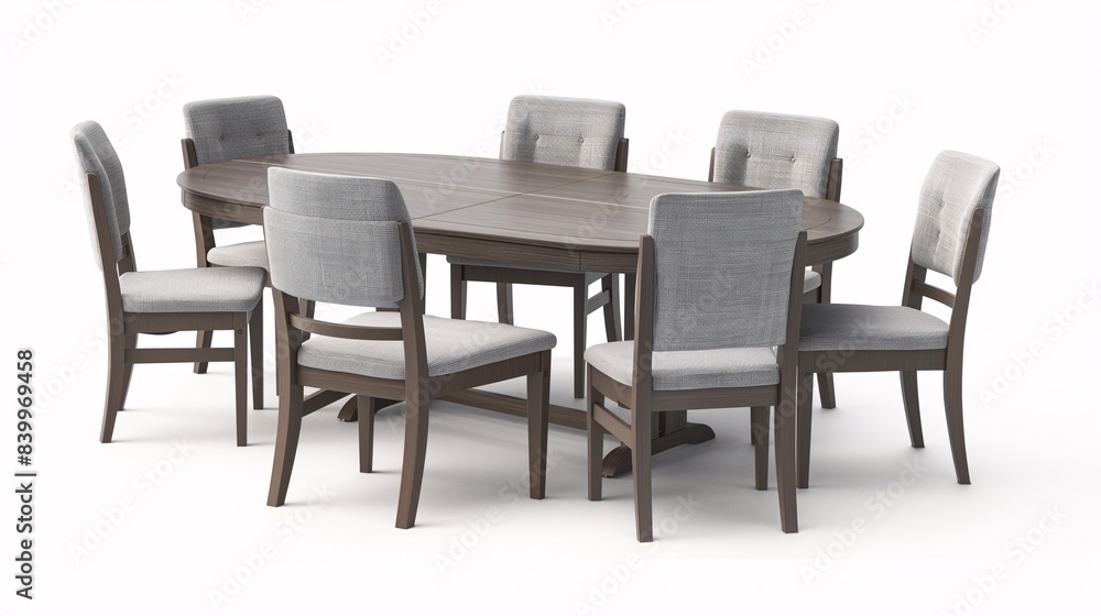 Elegant wooden dining table set with six matching upholstered chairs, perfect for any modern home or dining room decor. Elegant wooden dining table set with six matching upholstered chairs, perfect for any modern home or dining room decor.
