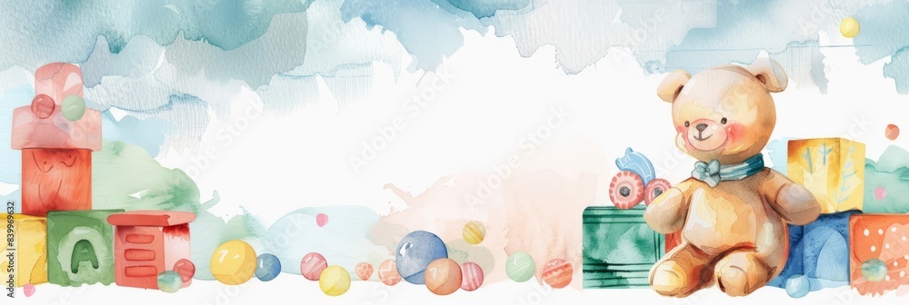 Fototapeta premium Children's illustration with different toys, happy childhood, banner