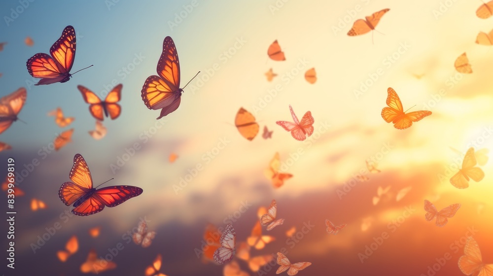 A group of butterflies flying in the air, with some of them having a yellowish hue. Concept of freedom and lightness, as the butterflies seem to be soaring through the sky without any constraints A group of butterflies flying in the air, with some of them having a yellowish hue. Concept of freedom and lightness, as the butterflies seem to be soaring through the sky without any constraints