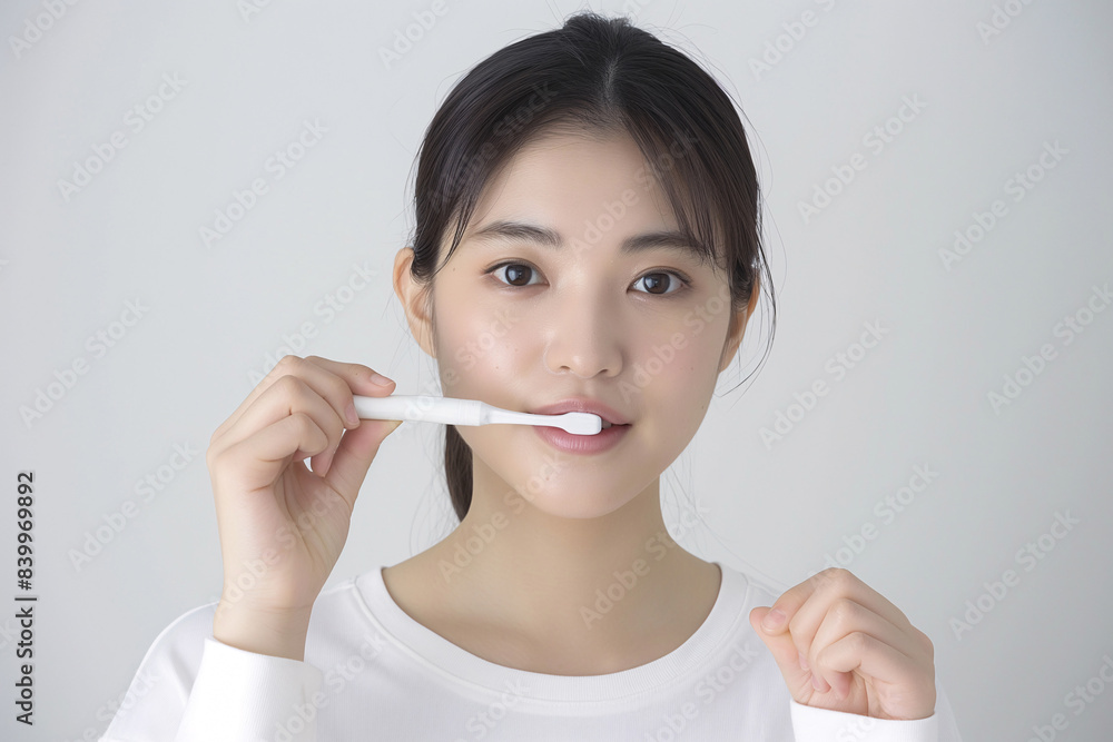 歯磨きをするアジア人、日本人女性