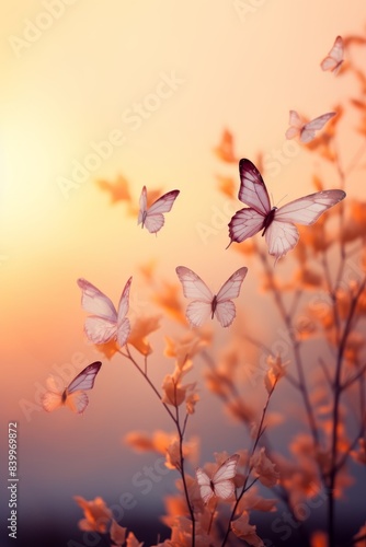 Wallpaper Mural A group of butterflies flying in the air, with some of them having a yellowish hue. Concept of freedom and lightness, as the butterflies seem to be soaring through the sky without any constraints Torontodigital.ca