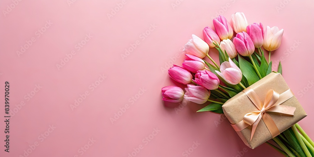 Happy mother's day composition with gift box and bouquet of flowers on pink background. Flat lay, top view, vertical, Mother's day, celebration, gift box, flowers, pink background, flat lay Happy mother's day composition with gift box and bouquet of flowers on pink background. Flat lay, top view, vertical, Mother's day, celebration, gift box, flowers, pink background, flat lay
