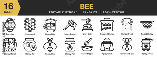 Set of 16 Bee icon set. Editable Stroke Icon Collection. Includes honeycomb, honey box, honey bee, apiculturist, and More. Outline icons vector collection.